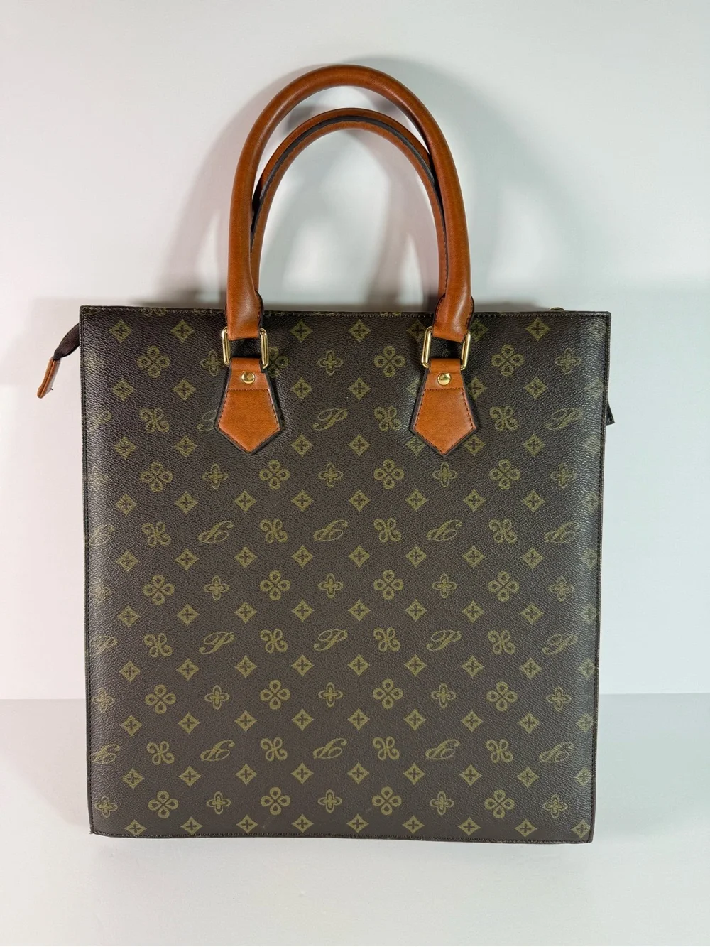 Brown Monogram Tote Bag with Tan Handles
